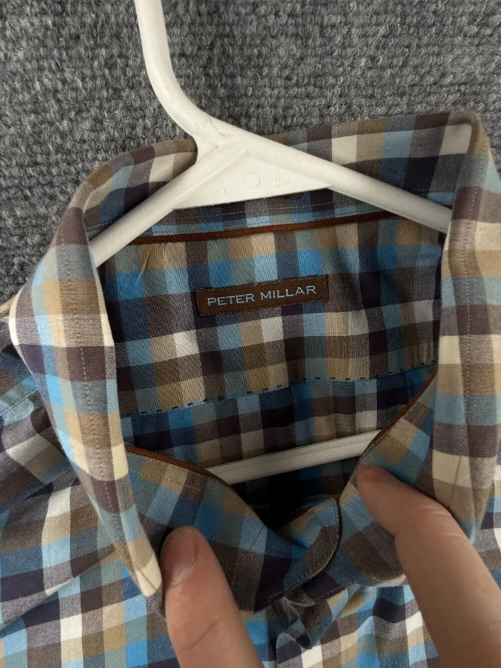 Peter Millar Blue Brown Check Button Up Shirt 2XL Cotton Long Sleeve Woven Adult